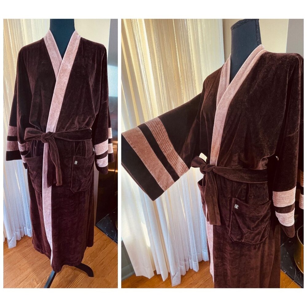 Vintage 70s bathrobe, chocolate brown velvet gender neutral, Pierre Cardin robe